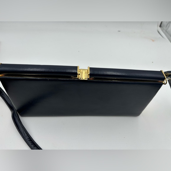 VINTAGE Hardshell Gold Clasp Navy Crossbody Pocketbook Bag - Picture 5 of 11